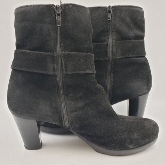 La Canadienne Black Suede Heeled Ankle Boots Size 8.5 Side Zip Treads Winter - Picture 10 of 14